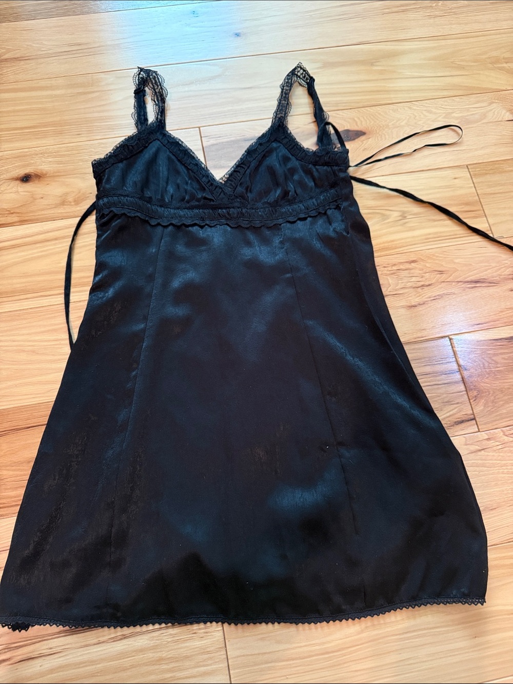 Black Lace-Trim Satin Chemise Slip